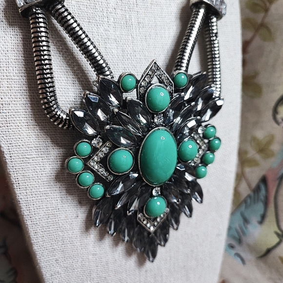 Turquoise Cabochon Statement Necklace Clear Baguette Smoke Navette Stones Pewter - Picture 3 of 15